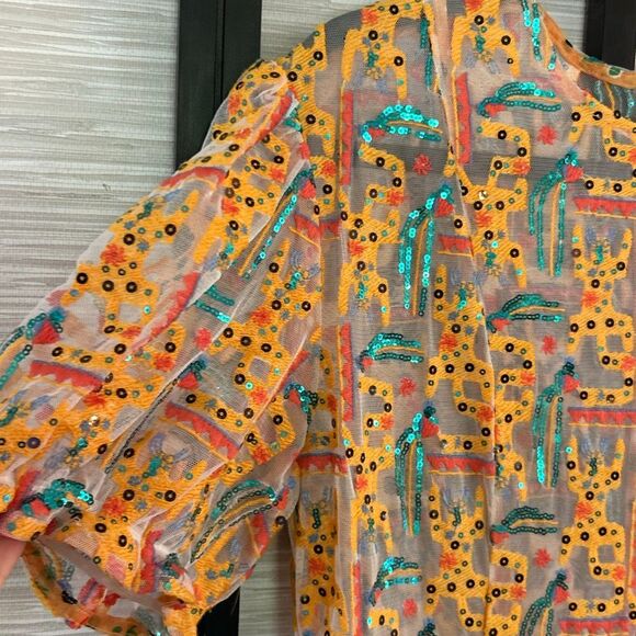 CeliaB sequins mustard green fun abstract  cat print maxi dress L sheer - Picture 2 of 8